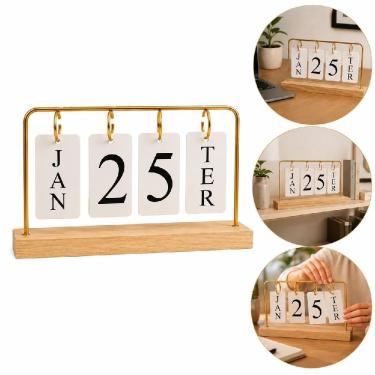 Imagem de Calendário de Mesa Permanente Yeet Base Madeira Aramado Decorativo com Fichas para Home Office Dourado