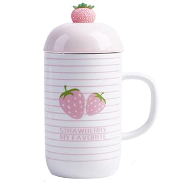 Imagem de seelucky Caneca de morango rosa com tampa de colher copo de leite de desenho animado infantil copo de café de cerâmica estilo nórdico xícara de chá presente escritório casa (tiras de morango, 450 ml)