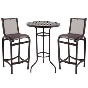 Imagem de Kit com 2 Banquetas altas em alumínio e tela sling + Mesa bistrô com tampo ripado