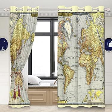 Imagem de Yeele Cortinas blackout com mapa mundial de 106 x 160 cm estilo vintage cortina térmica impressa para sala de estar quarto cortinas de poliéster à prova d'água 2 painéis cortina de escurecimento de ambiente com ilhós