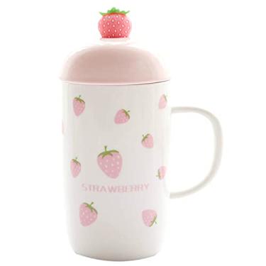 Imagem de seelucky Caneca de morango rosa com tampa de colher copo de leite de desenho animado infantil copo de café de cerâmica estilo nórdico xícara de chá presente escritório casa (morangos, 450 ml)