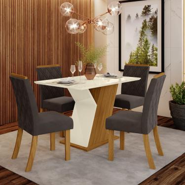 Imagem de Conjunto Sala de Jantar Tampo MDF Canto Reto com Vidro 120 Cm 04 Cadeiras Lupita Casa 812 - Off White com Nature e Marrom Expresso