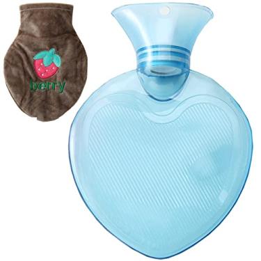 Imagem de Garrafa de água quente de PVC transparente com capa de pelúcia macia reutilizável e livre de BPA bolsa quente com capa de pelúcia macia para compressas de calor, aquecedor de cama e aquecedores de pés, almofada de alívio de terapia, azul, 550 ml