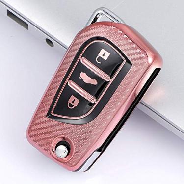 Imagem de YJADHU 3 botões de fibra de carbono TPU capa de chave de carro, apto para Toyota Auris Corolla Avensis Verso Yaris Aygo Scion TC IM 2015 2016 Camry RAV4, rosa