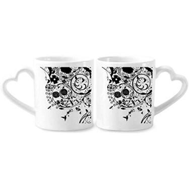 Imagem de Conjunto de canecas de porcelana para casais, flores e plantas pretas e brancas, para amantes de cerâmica e coração