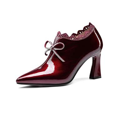 Imagem de TinaCus Sapato feminino feito à mão de couro envernizado brilhante bico fino salto médio zíper lateral com gravata borboleta bonita, Borgonha, 7.5