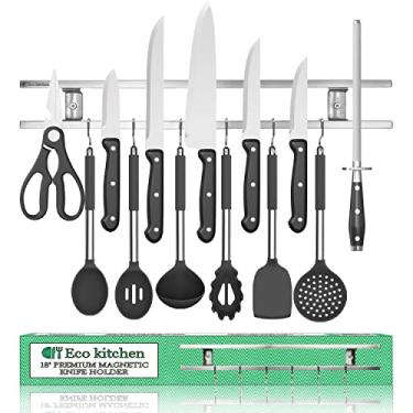 Imagem de Suporte magnético de faca para parede - tira magnética de faca de aço inoxidável de 45,7 cm - Suporte de barra com ímã de faca de parede com ganchos