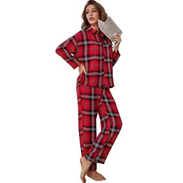 Imagem de Pijama feminino combinando conjuntos de dormir roupa de dormir roupa de dormir conjunto de lounge de algodão macio confortável blusa de botão, vermelho, G (70kg/170cm)