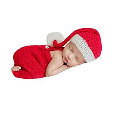 Imagem de Vemonllas Adereços para fotografia de recém-nascidos, acessórios para fotos de bebê, roupas de Natal, macacão de sessão de fotos para recém-nascidos e chapéu vermelho de Papai Noel, Vermelho, M