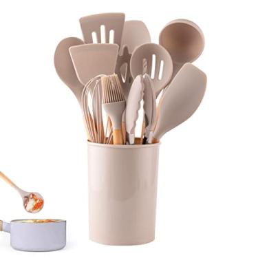Imagem de Kit 12 Utensílios de Cozinha em Silicone Cabo Madeira Conjunto Jogo Completo Espátula Concha Colher Resistente Alta Temperatura Premium