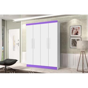 Imagem de Roupeiro/Armário/Guarda Roupas MALI 4 Portas Com Puxadores em Madeira 4 Gavetas e Amplo Espaço Interno Cor Branco/Lilás