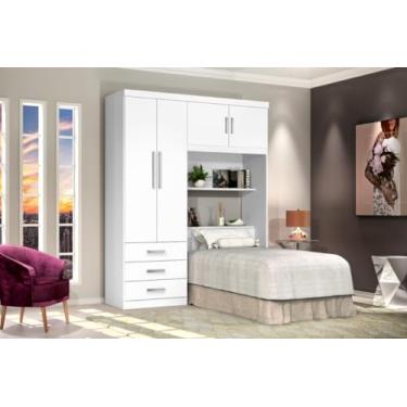 Imagem de Roupeiro/Cabeceira Baú CAN Solteiro Espaço Amplo 4 Portas e 3 Gavetas Nichos Externos Para Objetos de Decorção Cor Branco