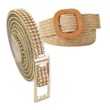 Imagem de Cinto Elástico Palha Estilo Vintage Moda Verão + Cinto Fino Dupla Face Pedraria Strass