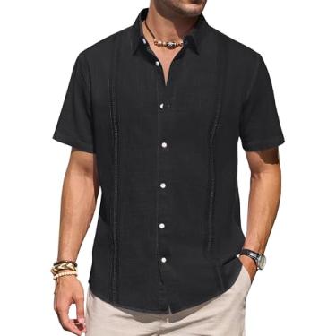 Imagem de Camisas masculinas de linho manga curta com botões casual leve camisa lisa elegante cubana Guayabera Beach Tops, Preto, 3G