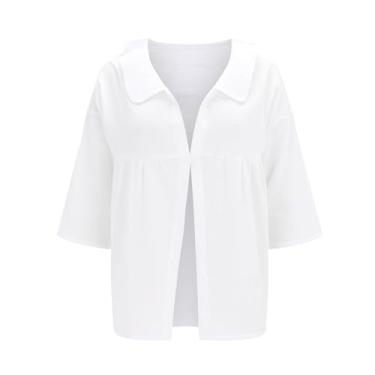 Imagem de Túnica feminina de linho, gola V, manga 3/4, branca, básica, casual, solta, um botão com camisola, blusas de treino, Branco, XXG