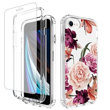 Imagem de Vavies Capa para iPhone SE 2022/SE 3 2022/SE 2020/iPhone 7/iPhone 8 com protetor de tela de vidro temperado, capa de telefone transparente com proteção floral para iPhone 7/8 (flor roxa)