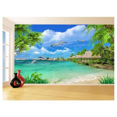 Imagem de Papel De Parede 3D Praia Mar Coqueiros Céu Azul 3,5M Npr331