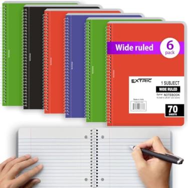 Imagem de EXTRIC Caderno espiral - Caderno espiral pautado largo, pacote com 6, caderno espiral de 1 matéria, 70 folhas - 20 x 26 cm para escola, escritório, uso doméstico - Materiais escolares Cadernos