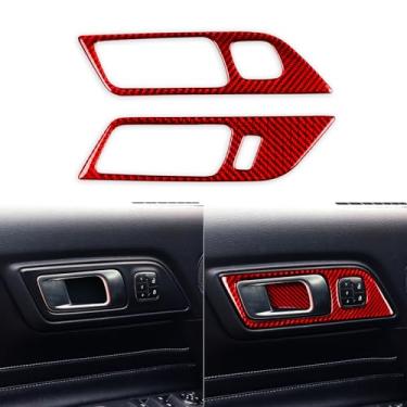 Imagem de PJFUS Painel de puxador de porta interna de carro de fibra de carbono vermelho real adesivo decorativo com acabamento interior automotivo compatível com acessórios Ford Mustang 2015 2016 2017 2018