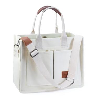 Imagem de Huwzder Bolsa feminina de lona com bolsos - Bolsa de ombro casual transversal Hobo Messenger, Branco, Large, Sacola