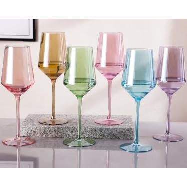 Imagem de Conjunto de 6 taças de vinho coloridas – taças de vinho coloridas de cristal com haste longa e borda fina, taças de vinho coloridas perfeitas para amantes de vinho no Natal, Ação de Graças, 425 g (cor mista)