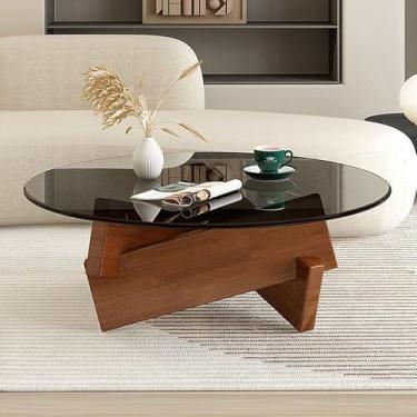 Imagem de Mesa de centro redonda de vidro de madeira moderna circular de meados do século para sala de estar, mesa de canto de nogueira, mesa de canto de vidro cinza transparente para quarto, escritório em casa
