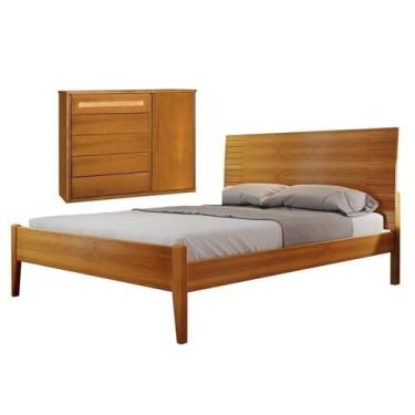 Imagem de Conjunto Quarto de Casal Cama Queen Madeira Maciça e Cômoda 5 Gavetas com Sapateira Ratam Unique Amêndoa Mel