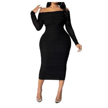 Imagem de Floerns Vestido midi feminino plus size ombro de fora manga comprida franzido malha colado ao corpo, Preto, GG