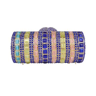 Imagem de Bolsa de noite cilíndrica de microplaqueta de mica colorida exclusiva elegante feminina bolsa clutch de cristal bolsa de festa de casamento, Azul colorido