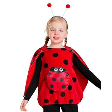 Imagem de IKALI Fantasia de joaninha de bolinhas para meninas, roupa de joaninha para crianças, vestido de festa de Natal de Halloween com faixa de cabeça, bolso de insetos e asas, vermelho e preto 4-6T