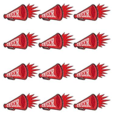 Imagem de GYGYL 12 peças Cheer Iron on Patches, Cheerleading Cheerleading Cheerleader patches bordados para jogos de time de futebol americano beisebol dia de jogo (megafone, vermelho)