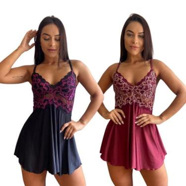 Imagem de Kit 2 Camisolas Feminina Sexy Lisa de Renda Lingerie - Pijama Feminino