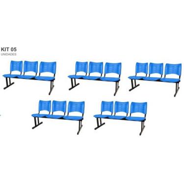 Imagem de Kit com 5 Cadeiras Longarina PLÁSTICA 03 Lugares Cor Azul Mastcmol