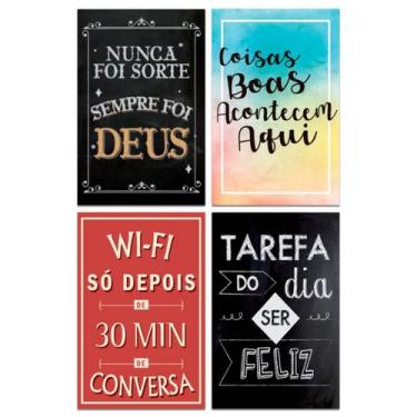 Imagem de Kit 4 Placas Decorativas Frases Deus Wifi Feliz Mdf 20x30 cm - Art Pri