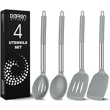 Imagem de Pacote com 4 espátulas e colheres de cozinha de silicone grandes, conjunto de utensílios de cozinha de aço inoxidável sólido e ranhurado, cozinha antiaderente resistente ao calor para assar, frito, fritar, misturar, servir (cinza)