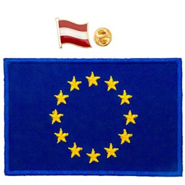 Imagem de A-ONE Broche de colarinho com bandeira da Áustria + emblema tático com estampa de bandeira da UE, boné de mochila com pino esmaltado, aplique de bandeira da UE para enriquecer a bolsa de lona, chapéu de guarnição mochila vestido de batalha Nº 050P+086