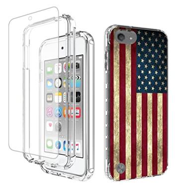 Imagem de Yodueiv for iPod Touch 6/Touch 5/Touch 7 Case with Tempered Glass Screen Protector, Full-Body Shockproof Cute Clear Flag Pattern Protective Phone Cover Case for iPod Touch 5th / 6th / 7th (USA Flag)