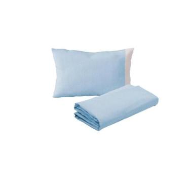 Imagem de Kit 2 Lençóis Mini Berço e 2 Fronhas Malha 100% Algodão Azul Arrumadin