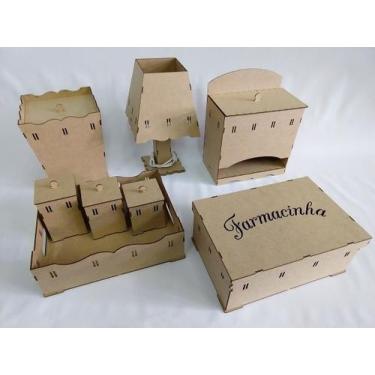 Imagem de Decoração Kit Higiene Bebe Madeira Mdf Cru Passa Fita 8 peças Farmácia