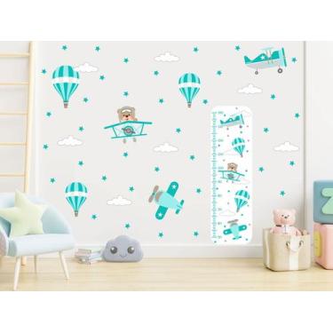 Imagem de Adesivo de Parede Urso Aviador Aviões e Régua de Crescimento - adesivo