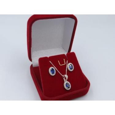 Imagem de Kit Formatura Colar Brinco Prata 925 Oval - Maça de Prata Joias, Azul