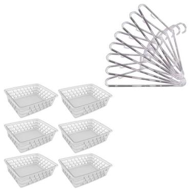 Imagem de Kit 10 cabides acrilico e 6 cestos organizador pequeno 16x12x6Cm trans
