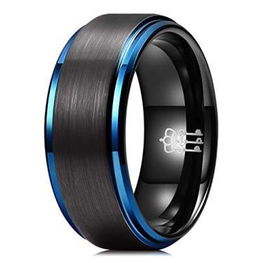 Imagem de Aliança de noivado masculina de 8 mm preta com borda azul de carboneto de tungstênio da Three Keys Jewelry Preto