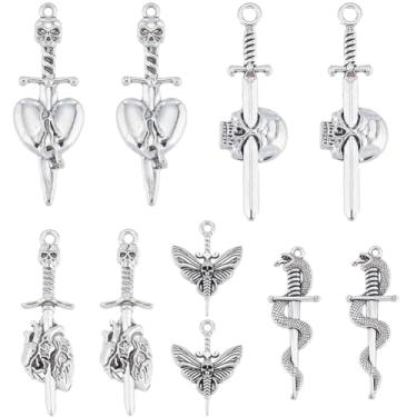 Imagem de SUNNYCLUE 1 CAIXA 40 peças, pingentes de espadas prateadas, pingentes góticos, tibetanos, antigos, Halloween, cabeça de esqueleto, caveira, espada, arma, cerca, mariposa, amuleto a granel para fazer