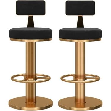 Imagem de Conjunto de 2 bancos de bar giratórios ajustáveis, bancos de bar de altura com encosto, banco de veludo para ilha de cozinha, bancos de pub estofados com apoio para os pés, cadeiras de jantar sem