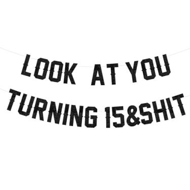 Imagem de Sinal de faixa de feliz aniversário de 15 anos, pré-amarrado, glitter preto, decorações engraçadas de aniversário de 15 anos, faixa de 15 anos para meninos e meninas adolescentes torcendo até 15 anos,