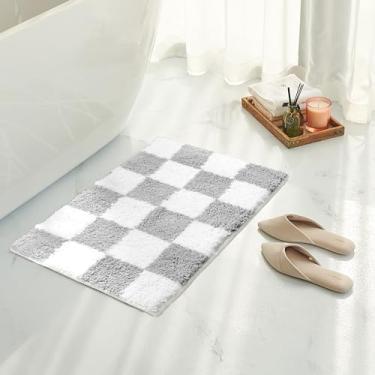 Imagem de Tititex Tapete de banheiro cinza de luxo quadriculado branco, 40,6 cm x 61 cm clássico quadriculado tapete de banho de microfibra extra macio e absorvente, tapete de banho felpudo antiderrapante para