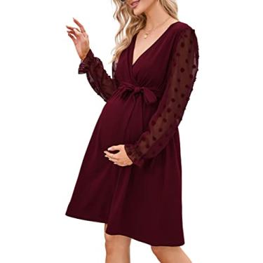 Imagem de KOJOOIN Vestido feminino para gestantes, manga comprida, manga comprida, casual, decote em V, para amamentação, vestido midi para chá de bebê, cinto para sessão de fotos, Vinho - V, G