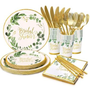 Imagem de Decorações de banho de noiva, tema de vegetação, conjunto de pratos e guardanapos - Guardanapos e copos de placa de papel Safari Decoração de casamento floral de ouro