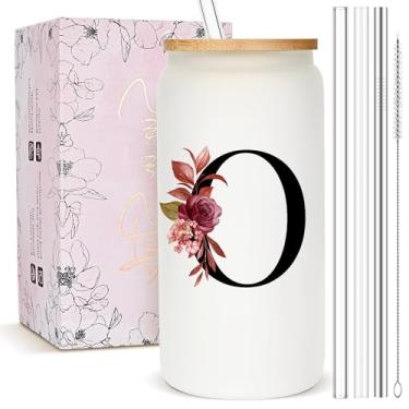 Imagem de Presentes personalizados para mulheres, copo de vidro fosco monograma com canudo e tampa, caneca personalizada fofa, copos de café gelado com inicial personalizada, copo de bebida personalizável,